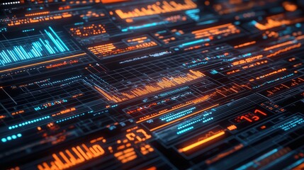 Obraz premium Abstract futuristic background with data, graphs, and digital lines in neon blue and orange.