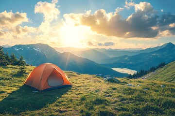 Orange tent pitched on a grassy mountain top with a lake and mountain range in the background under a bright blue sky.