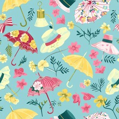 Seamless pattern of Easter bonnets and parasols
