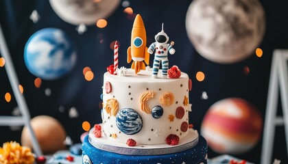 Colorful space-themed cake with rocket and astronaut decorations at a birthday party