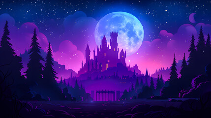 Naklejka premium Modern twilight dark purple scene with kingdom palace, glowing windows and gates in a nighttime cartoon landscape with a fairytale medieval castle in a countryside under the light of a full moon
