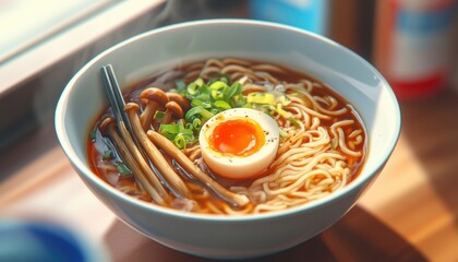 Delicious bowl of ramen with egg and green onions by a window in a cozy restaurant