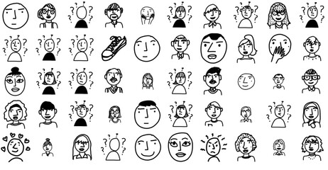 Set Of Linear Faces And People Hand Drawn Icons Collection Isolated Silhouette Solid Icons Including Face,Woman,Hand-Drawn,Person,Confusion Business Infographic Elements Logo Vector Illustration