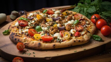 Homemade pizza with a variety of toppings on a wooden board