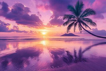 A single palm tree stands on a tropical beach at sunset with a purple sky.  The palm tree is silhouetted against the sunset. The water reflects the colors of the sky.