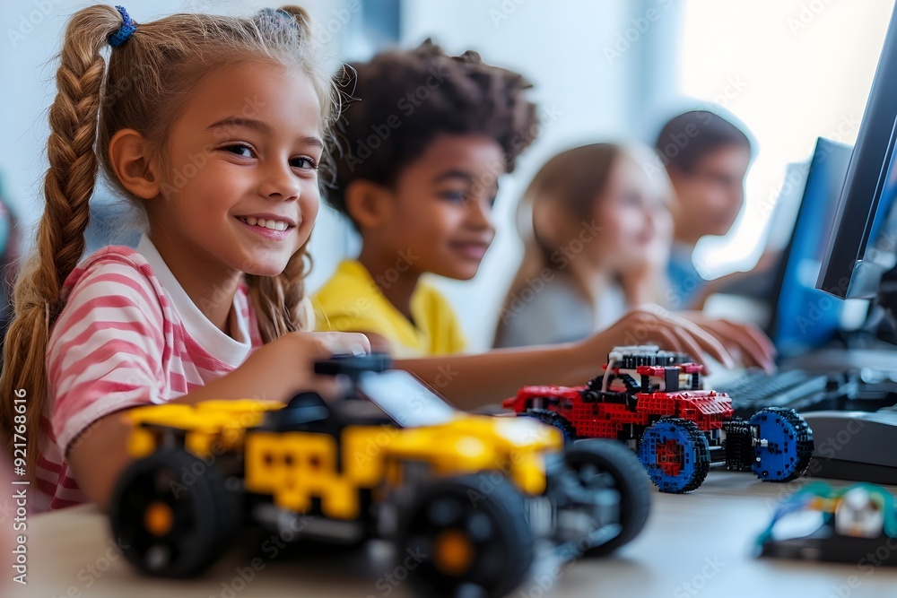 Poster diverse students construct robotic cars in stem science engineering class