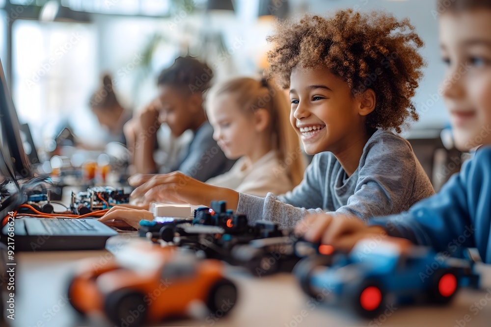 Poster diverse students engage in hands on robotics and coding education at stem classroom