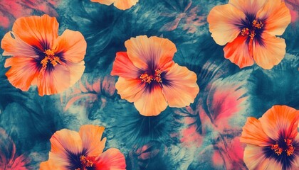 Colorful hibiscus flowers on a vibrant abstract background