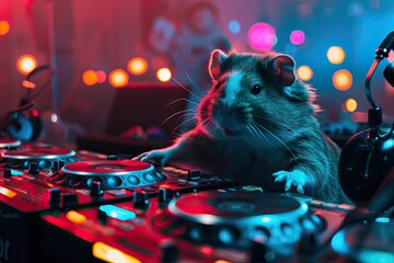 DJ hamster spinning tracks in a futuristic club. Hamster combat concept