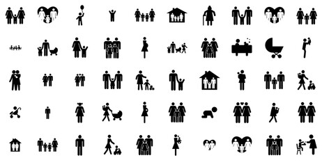 Mega Set Of Vector Family Isolated Silhouette Solid Icons With Dad,Family,Fathers,Mom,Son Solid Icon Collection. Vector Illustration