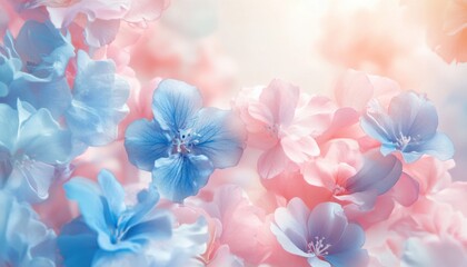 Delicate blue and pink flowers bloom softly in a serene garden during springtime morning light