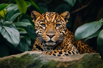 Obraz premium leopard is resting in jungle, surrounded by lush greenery and rocks