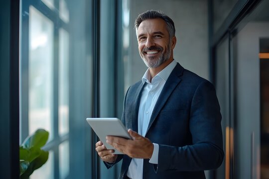 Happy Middle aged Business Executive Wearing Suit Thoughtfully Using Digital Tablet in Office