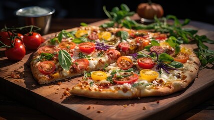 Homemade pizza with a variety of toppings on a wooden board