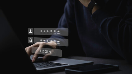 User typing login and password, cyber security concept, data protection and secured internet...