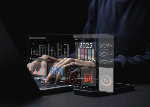 KPI and metrics connected to database. finance, operations, sales, marketing, KPI, business performance indicators. Data management system on computer to make report