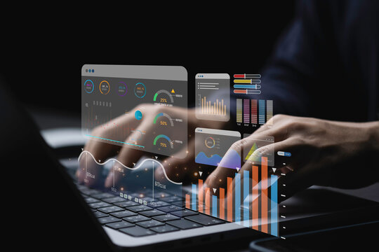 KPI and metrics connected to database. finance, operations, sales, marketing, KPI, business performance indicators. Data management system on computer to make report