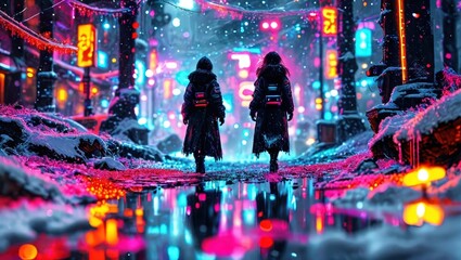 Cyberpunk Cityscape with Snow and Neon Lights.
