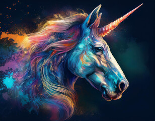 A colorful unicorn with a rainbow mane fantasy fairytale art dynamic artwork on a deep black background