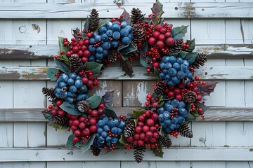 Festive Holiday Wreath with Red and Blue Berries and Pinecones - Perfect for Winter Decorations, Christmas Cards, and Posters