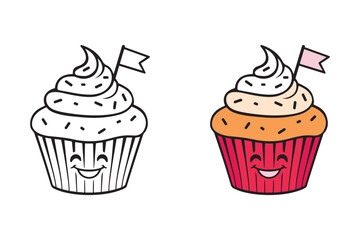 Friendly Smiling Cupcake Coloring Page for Kids - Coloring Book for Adults and Kids
