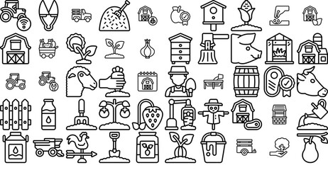 Set Of Linear Farming Outline Icons Web Header Banner Design Containing Plant,Vehicle,Farm,Agriculture,Face Stroke Icon Collection. Vector Illustration