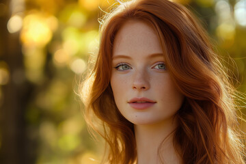 Obraz premium A young woman with flowing red hair is bathed in warm sunlight, set against a blurred autumnal background, capturing beauty and tranquility.