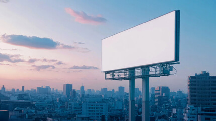 Fototapeta premium Blank billboard overlooking cityscape at sunset.