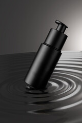 Black skin care product essence bottle ripples on the water surface 3d render