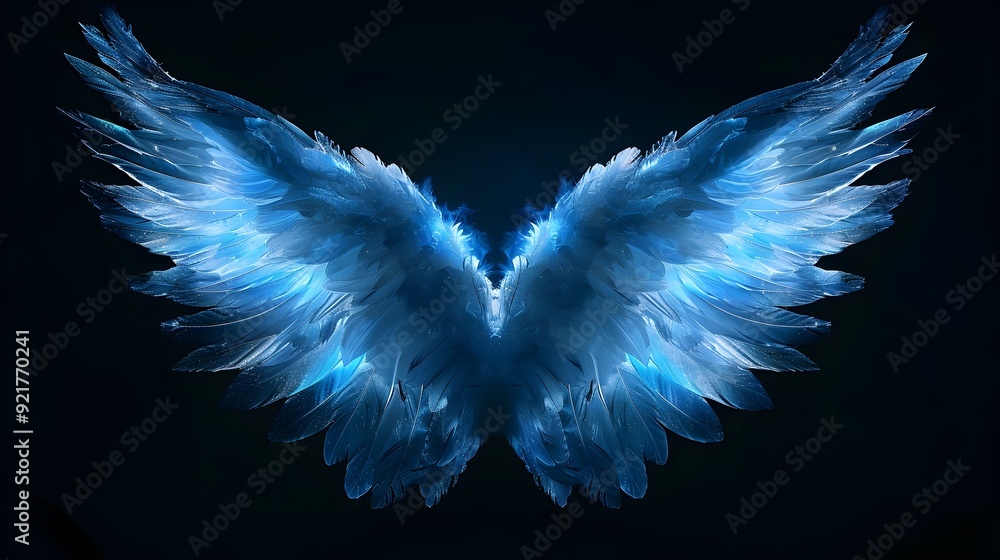 Poster Glowing Angelic Wings Against Serene Black Background