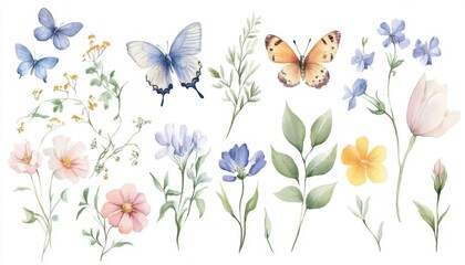 Beautiful watercolor butterflies and flowers on a white background