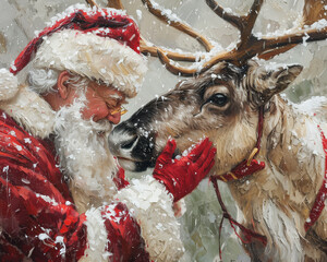 a oil painted christmas card with santa and a reindeer 