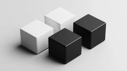 Four cubes, two white and two black, arranged on a white surface with a slight perspective.