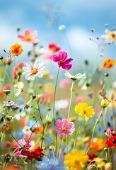 Fototapeta premium Colorful flowers in the air, spring background, photo realistic, vintage style, retro, flower power, 