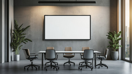 A conference room with a large blank screen on the wall, modern chairs, and plants, ready for a presentation or design mockup.