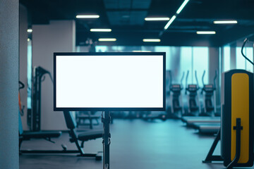 A gym setting featuring a blank screen on a stand with exercise equipment in the background, ideal for a fitness-related mockup.