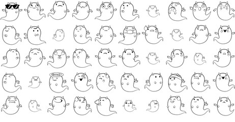 A Collection Of Fattie The Succubus In Ghost Disguide Vector Symbols Apps, Websites Ui Designs Suitable For Unhappy,Ghost,Happy,Sticker,Smile Vector Illustration Linear Pictogram Pack