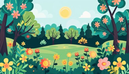 Serene forest glade with blooming flowers. Vibrant spring meadow sunrise. Cartoon illustration background.