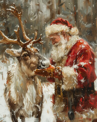 a oil painted christmas card with santa and a reindeer 