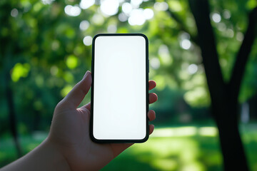 A smartphone held against a green, blurred background outdoors, ideal for showcasing apps or digital content with ample copy space.