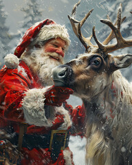 a oil painted christmas card with santa and a reindeer 