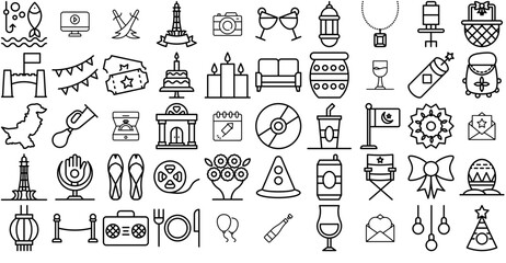 Set Of Festivals And Events Line Icons Collection Vector Symbols Apps, Websites Ui Designs Suitable For Headwear,Worship-Place,Alcohol,Holy-Place,House-Of-God Vector Icon Set Linear Pictogram Pack