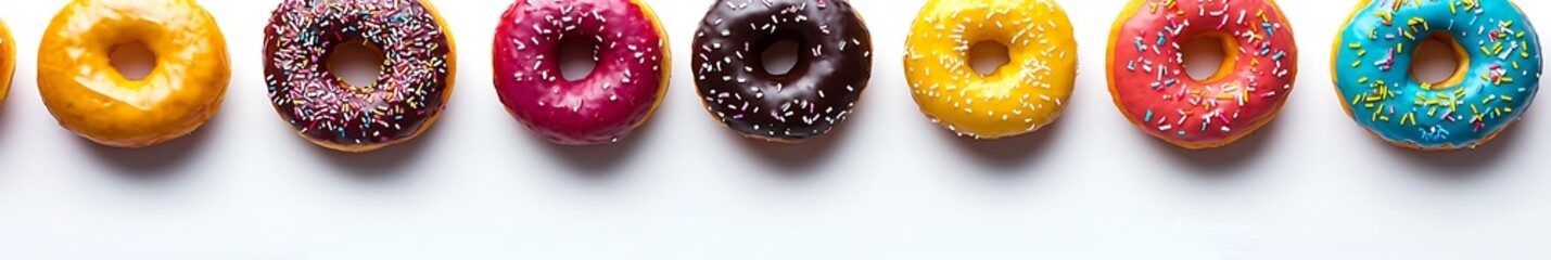 A row of seven colorful donuts with sprinkles on a white background.