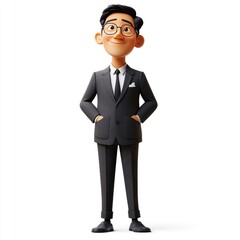 A stylized animated character in a suit, smiling confidently with hands in pockets.