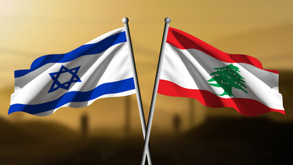 Fototapeta premium Israel against Lebanon, the flags of the two countries are waving, with a blurred landscape in the background