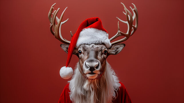 a reindeer with a christmas hat with red sparkling and snowing background for christmas