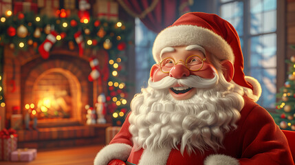 smiling santa claus in a living room with a christmas tree