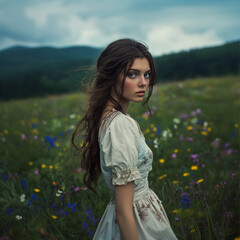 cinematic photo of a beautiful woman with long brown hair wearing a simple early 1900s dress and walking through a field of wildflowers in the Blue Ridge Mountains. She has dark blue eyes