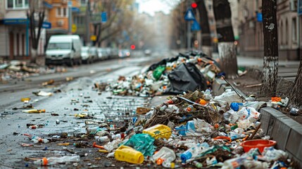 Litter strewn throughout urban streets.