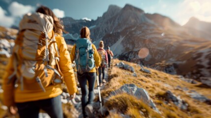 Blissful hike with friends, enjoyment and delight, copy space, focus on all objects, deep depth of field